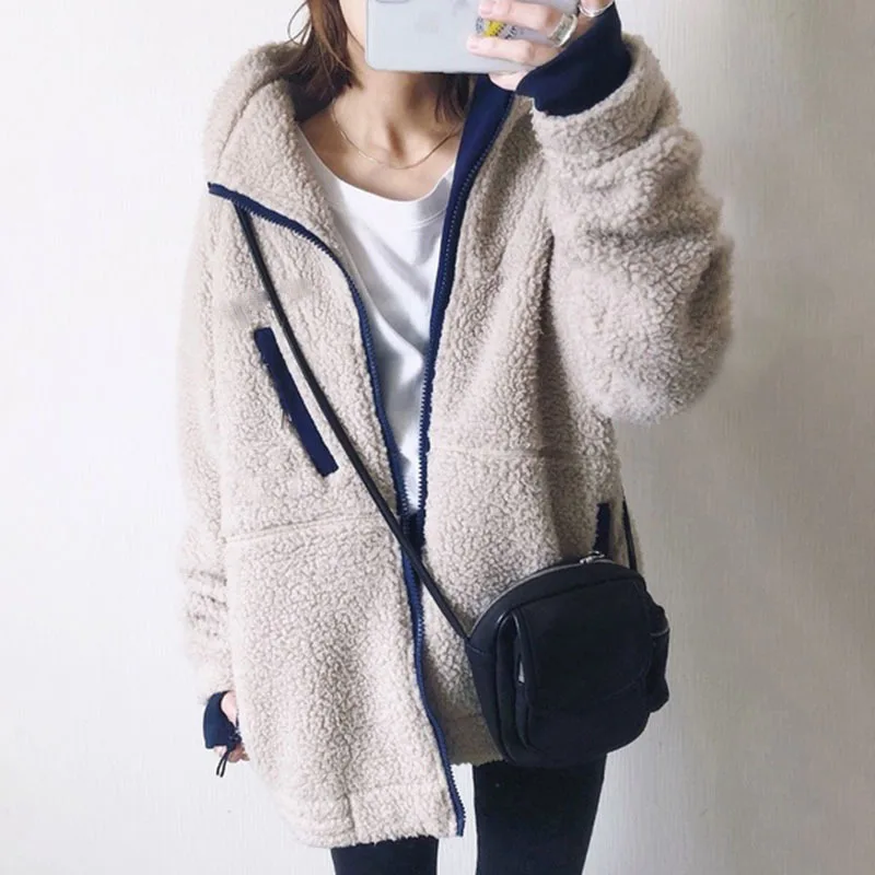 Lambwwool s kapucňou mikina fleece bunda Ženy na jeseň zima teplý kabát s dlhým rukávom vonkajšie športové oblečenie na zips ležať voľné kórejské kórejky