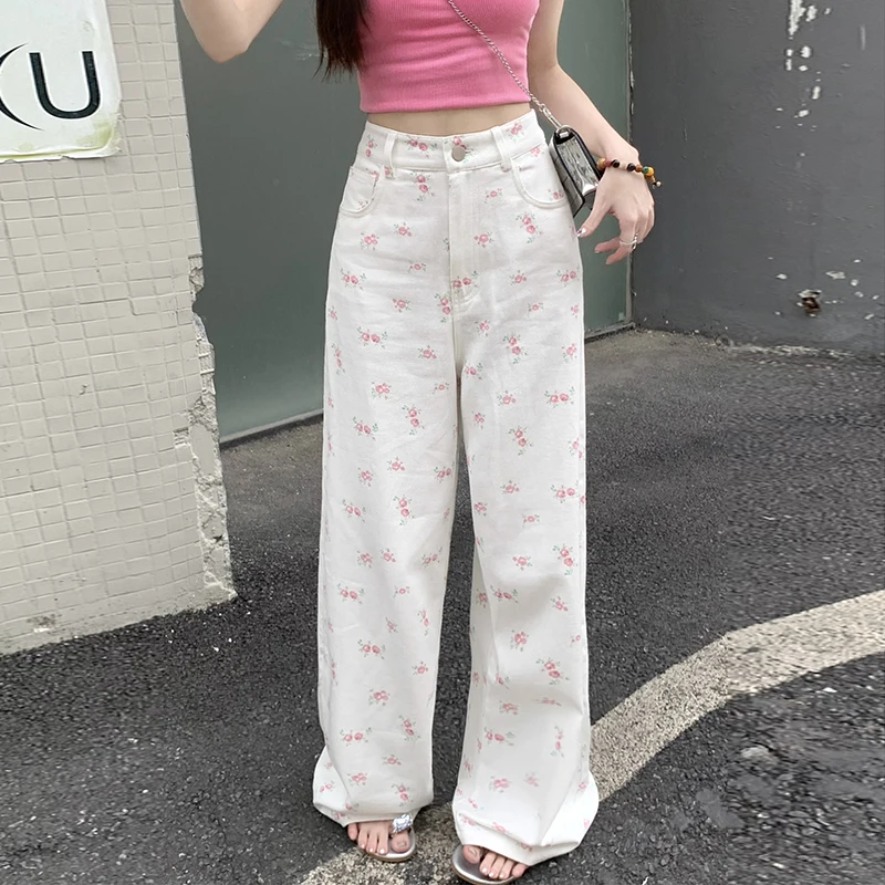 Lamuusaa y2k džínsy Ženy estetické odevy kvetinové potlače s vysokým pásom priame džínsové nohavice s vreckami 2000 -storočné nohavice streetwear