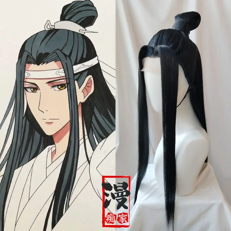 LAN Wangji v štýle parochňa Grandmaster démonického kultivácie MDZS Wei Wuxian Black Long Ponytail Hairstyle Prispôsobené parochne Parochne rekvizity