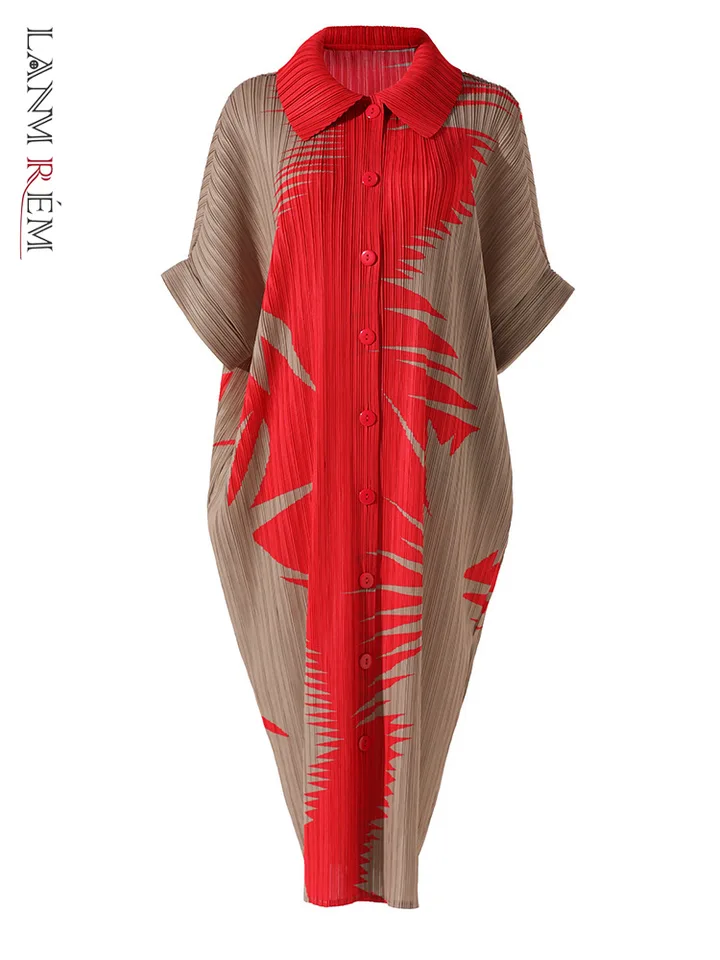 Lanmrem Contrast Color Print Dress Dámske skladané módne klopové krátke rukávy s jedným dojčeným šatám príležitostné 2024 nové 32C1126