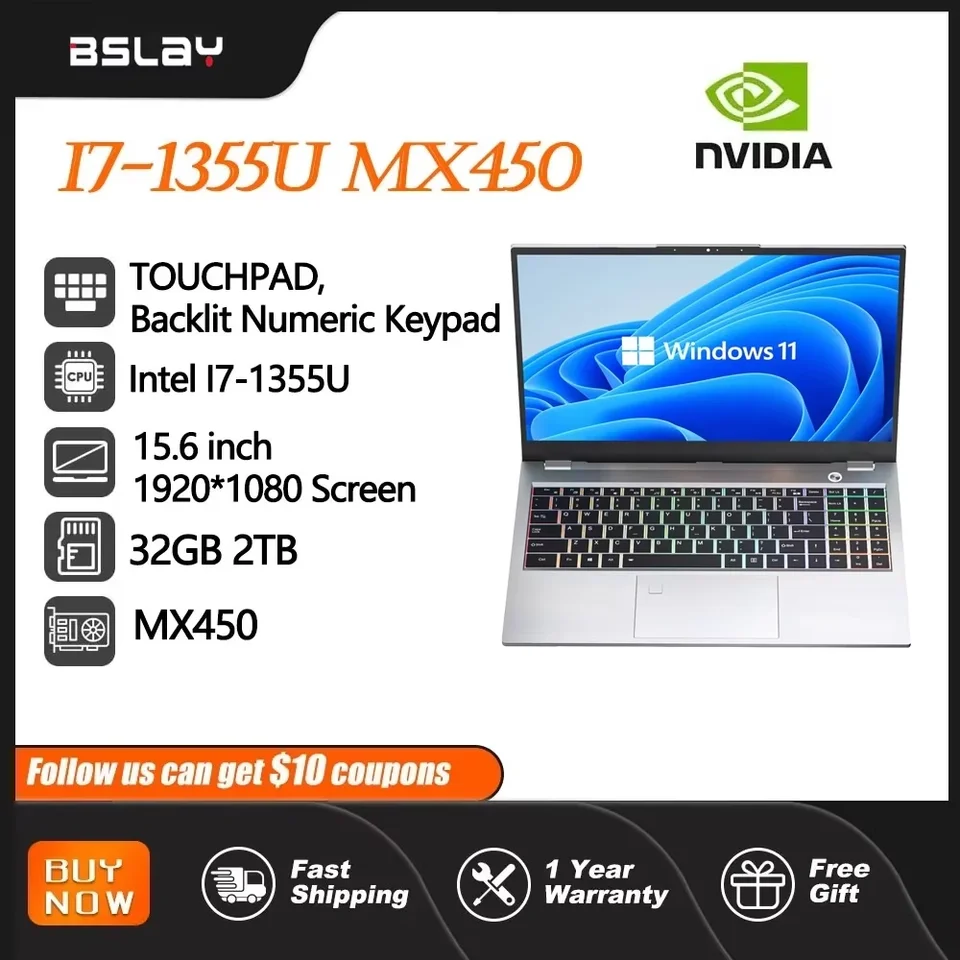 Laptop 15,6 palca Intel I7-1355U NVIDIA MX450 Podskupina Klávesnica 32 GB RAM 2TB SSD DDR4 WIN1 WIN11