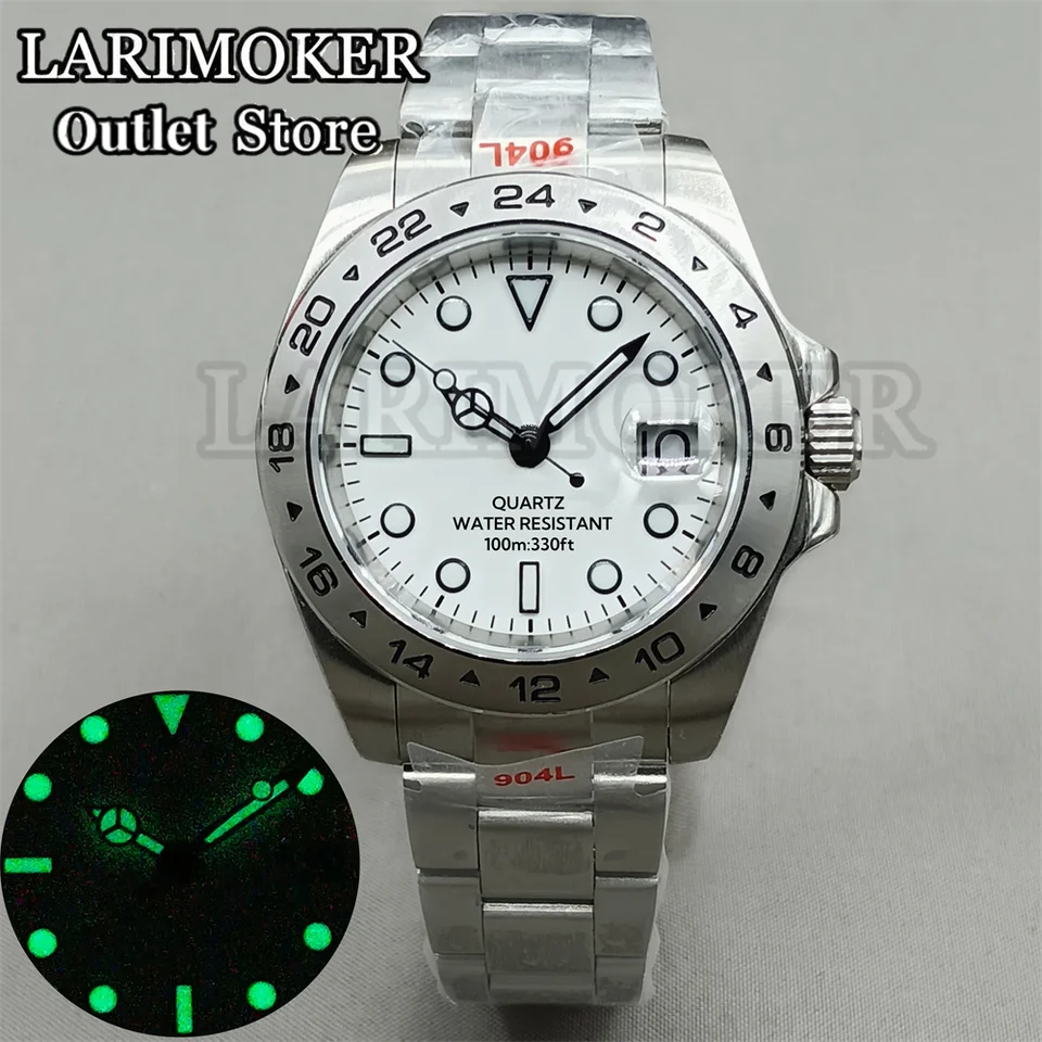Larimoker 39mm Pánske hodinky z nehrdzavejúcej ocele Watch Band používa rhonda 515 Quartz) pohyb so zelenými rukami