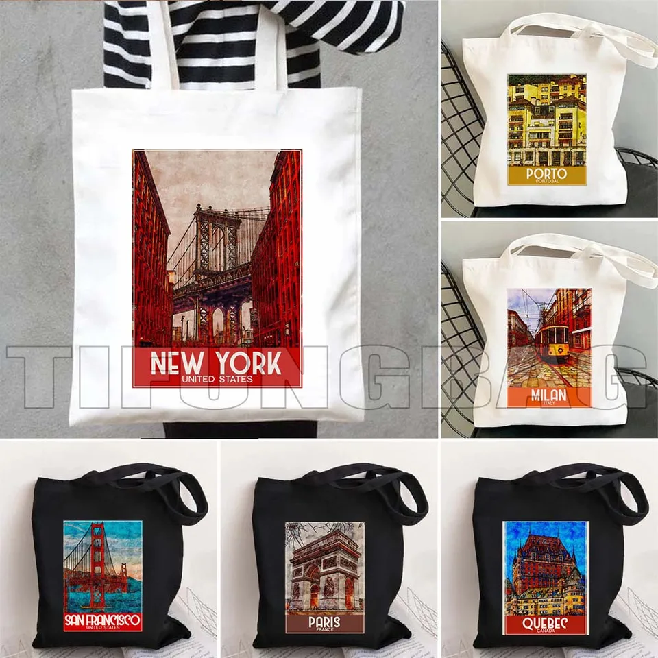 Las Vegas Miláno Mníchov New York Atrament Watercolor Painting Tote Bag Orlando Ottawa Paris Phuket Porto Quebec Seattle Varšava Varšava kabelka