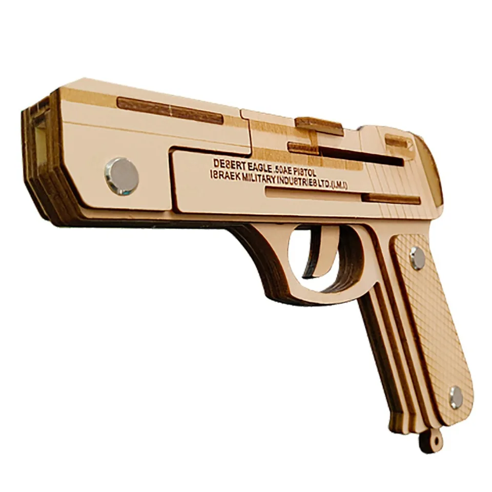 Laserové rezanie DIY 3D Puzzle Woodcraft Montážna súprava Desert Eagle Fire Gume Gun pre detský darček (s 50+ gumovými pásmami)