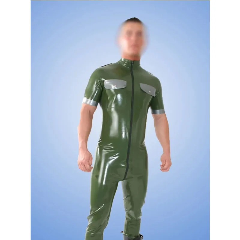 Latex Gumber Gummi 0,4 mm krátke rukávy gumové mužy Bodysuit Catsuit Suit Zentai s 2 vreckami