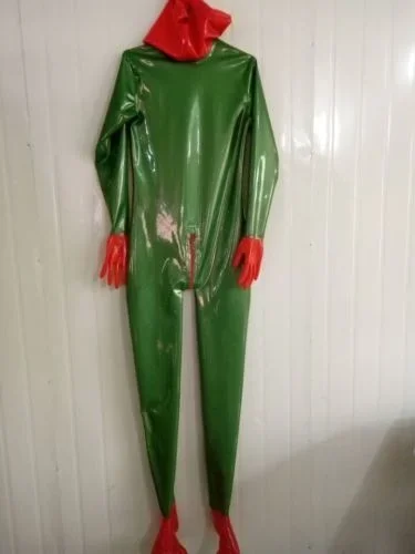 Latex Gumber Gummi Catsuit Hood Kovová zelená a červené pančucháče veľkosti xs ~ xxl