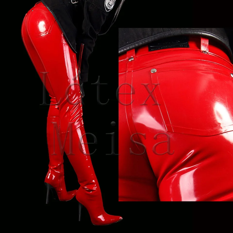 Latex meisa Skinny latex džínsy s zadnými vreckami dekorácia predný zips v červenej farbe