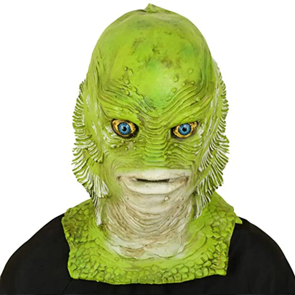 Latex Mermaid Monster hlava sada čierne jazero Demon bazén zelené ryby monštrum maska ​​make -up loptička vodné zvieratá rybie hlava