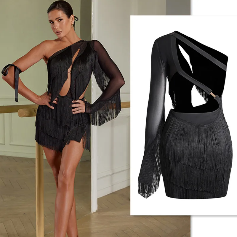 Latinské tanečné šaty latinské šaty čierne tango šaty Rumba Chacha Fringe Latin Dresses Žena Vznikajú 2395