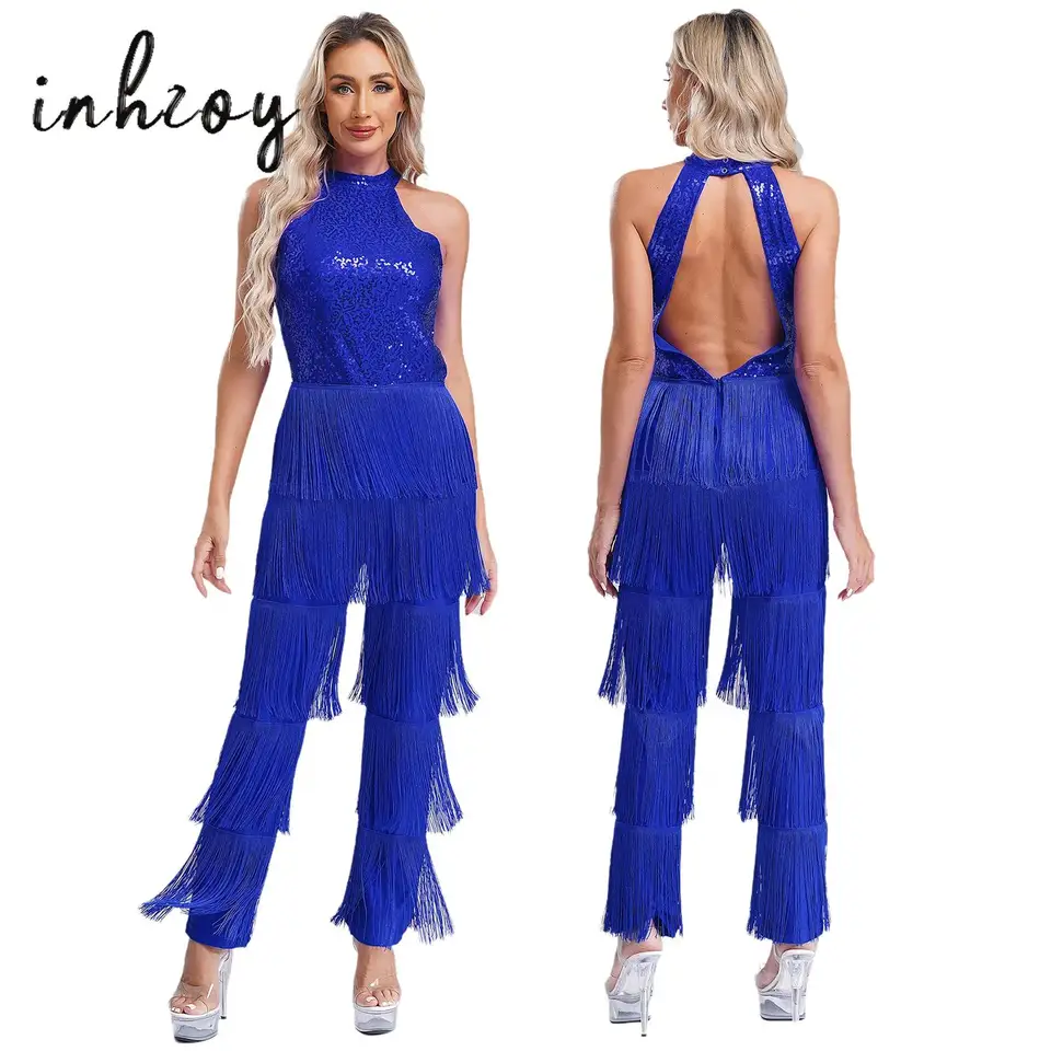 Latinské tanečné šaty pre dámske sál Fringe strapsel Rompers kombinézy Flitry Fringe Cha-cha salsa Samba Performance Costy