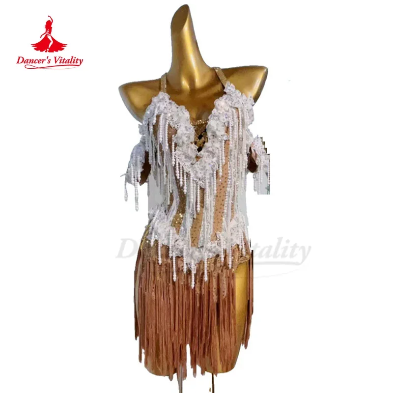 Latinské tanečné šaty pre ženy Senior Stones Performance Costume Rumba Chacha Tango Competiton Custom Latin Dancing Fringe Fringe Sukňa
