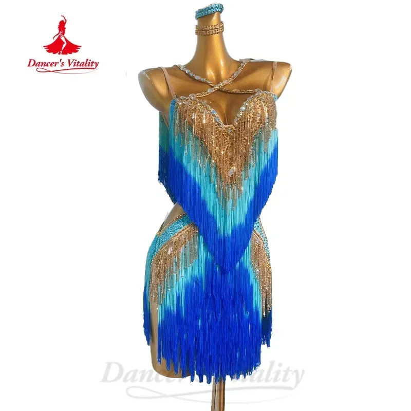 Latinské tanečné šaty prispôsobené luxusné kamienok Gradient strapce šaty Dospelí a deti Tango Samba Rumba Competition Outfit
