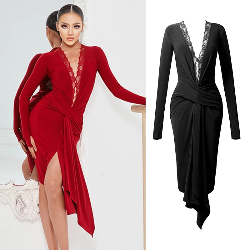 Latinské tanečné šaty Ženy v krku čipky dlhé rukávy čierne šaty tréning oblečenie Rumba Tango Wear Latinské súťažné šaty DNV15605