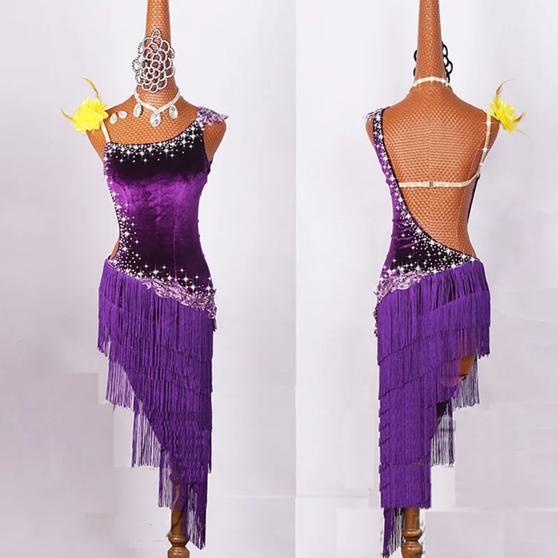 Latinský tanečný súťaž Kostým vystúpenie kostýmy šaty fialové zamatové kamienky Fringe Dress