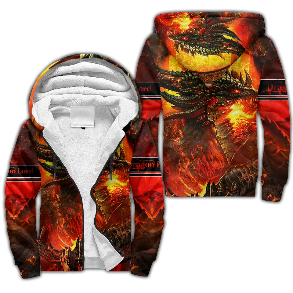 Lava Dragon a Tattoo Pattern 3D tlačené zimné hrubšie zipsové kapucňu unisex príležitostné kapucňové stopy Warm Fleece bunda KD06