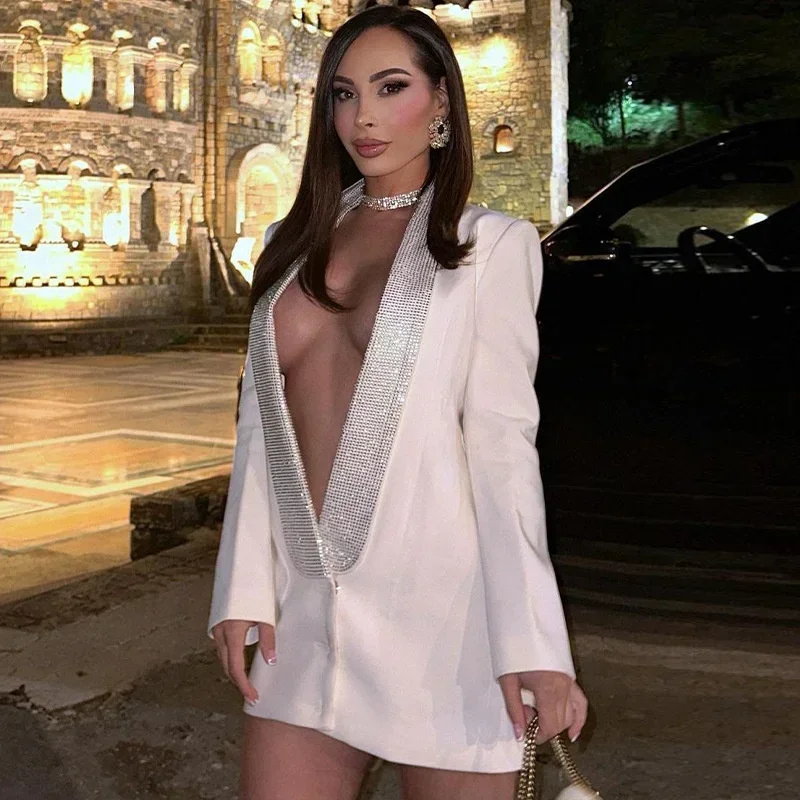 Laxsesu sexy bez spätného diamantu šumivé ženy Blazer Deep V-krk s dlhým rukávom Blazer Žena jesenná kožná Skinny Fashion Party Clubwear