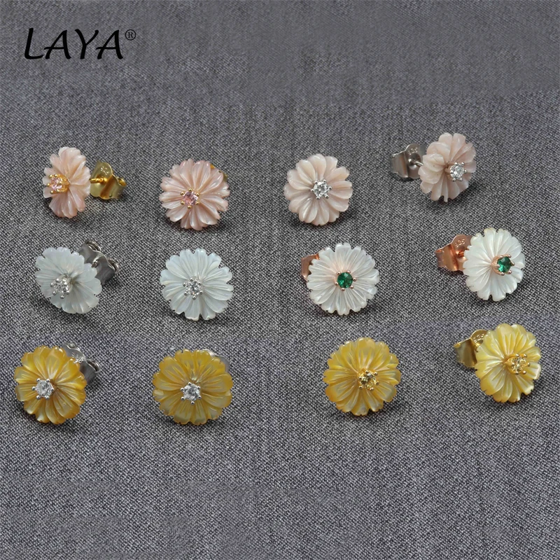 Laya Real 925 Sterling Silver Fashion Prírodná škrupina Kvetina Vysoko kvalitné zirkónové náušnice žien Svadobné jednoduché jemné šperky