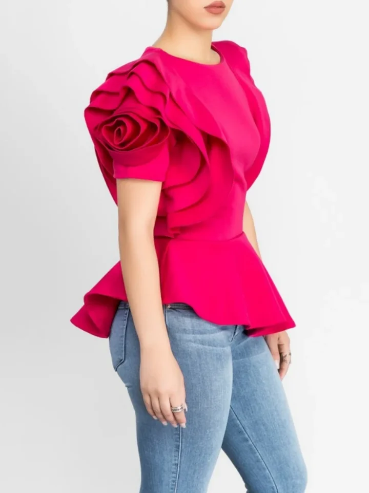 Layers Petal Sleeves Women Blouse Tops Shirt Elegant Fashion Spring Summer Rose Red Blue Black White Bluas Ruffles Classy Lady
