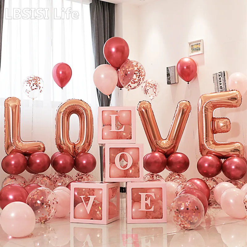 Lbsisi Life 4ks Transparentné balóniky Návrh na Valentína Svadobné bábätko priznanie Love Prekvapinie Box 30*30*30 cm