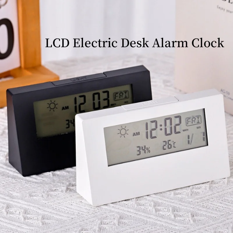 LCD elektrický stolný budík Digitálne inteligentné hodiny s meračom vlhkosti kalendára pre kanceláriu spálne (bez batérie)
