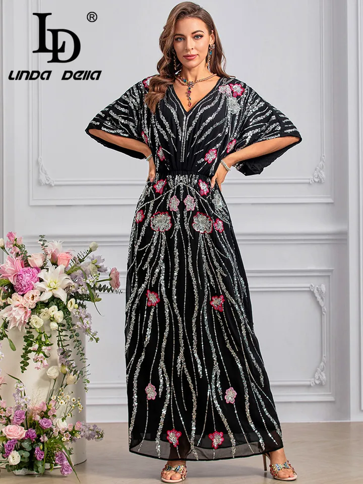Ld Linda della 2024 Nový štýl Runway Designer Dress Dámske vintage nádherné kvety Flitre výšivky Temperamenty Šaty