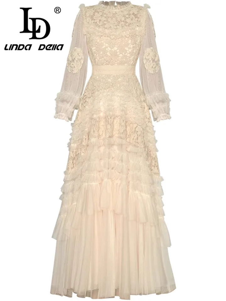 Ld Linda della Fashion Dámske guľôčkové šaty jesenné zimné zimné zimné rukávové kvetina kvetina dutina vyhodená hrana veľké hojdacie šaty