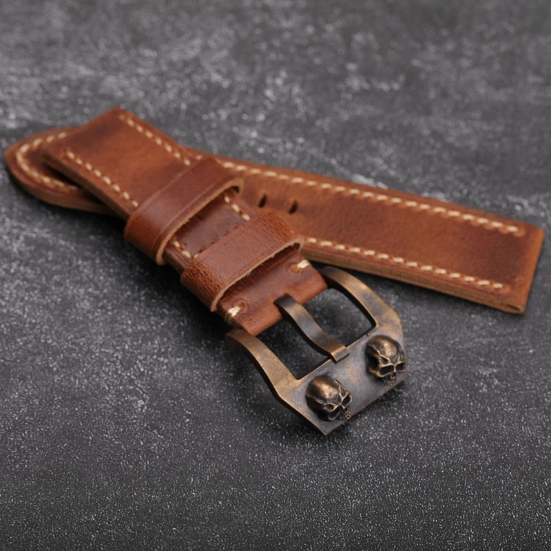 Lebka bronzová pracka 24 26 mm, vhodná pre Pam Bronze Watch Watchband, pánske hnedé popruhy, ručne vyrábané