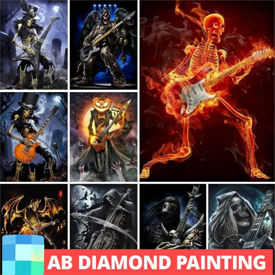 Lebka s gitarou rock and roll ab vŕtačky výšivky mozaiky maľba nástenné umenie Diamont Paiting Horor téma obývacia izba dekor