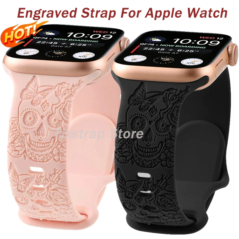 Lebka vyrytý popruh pre Apple Watch Band Ultra 2 49 mm 45 44 40 41 42 38 mm Silikónový športový náramok pre IWatch Series 8 9 7 65 SE