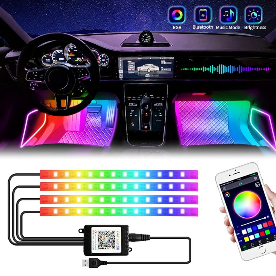 LED auto interiérové ​​okolité nohy Light s USB Wireless Diaľková hudba App App Auto RGB Atmosféra dekoratívne lampy
