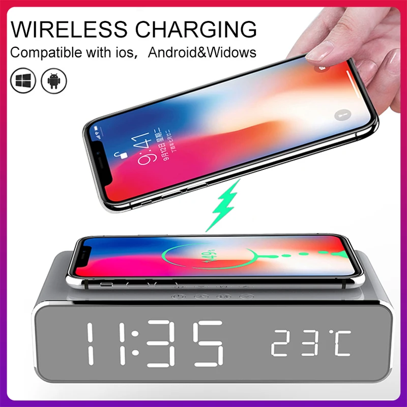 LED budík qi bezdrôtová nabíjačka pre iPhone Samsung Huawei s digitálnym teplomerom Dátum zobrazenia elektrických hodín