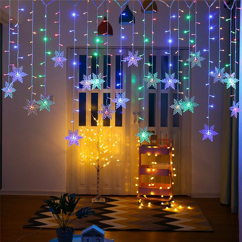LED cencifly rozprávkové svetlo Záhradné svetlo vianočné dekorácie Snehové vločky okenné závesy Girland blikajú 8 režimov EU Plug Nový rok 2025