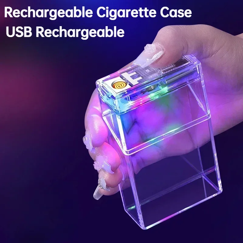 LED farebné svetlo Prenosné nabíjanie USB nabíjanie cigaretovej škatule zapečatené vlhkosť Dôkaz 20 Cigarety Puzdro Fajčenie Doplnky Pánske darčeky