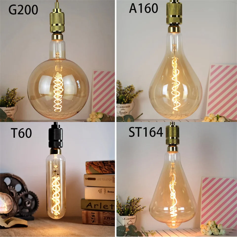 LED G200 A160 ST164 T60 4W Stlmenie E27 220V Amber Veľké žiarovky Špirálové vlákno teplé svetlo Retro dekoratívne osvetlenie edisonová lampa