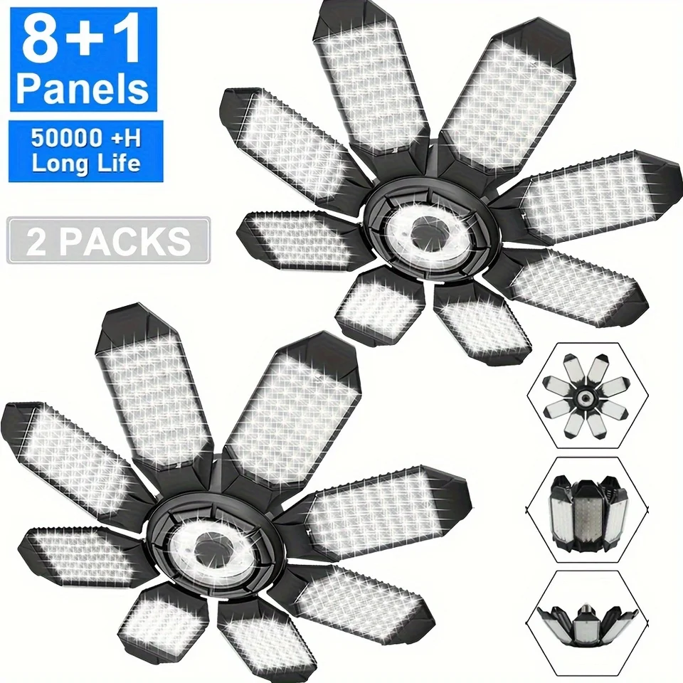 LED garážové svetlá s 8 + 1 nastaviteľnými panelmi E26/E27 stropný obchod pracovný lampa 6500K Daylightfor Workshop Priemyselné osvetlenie