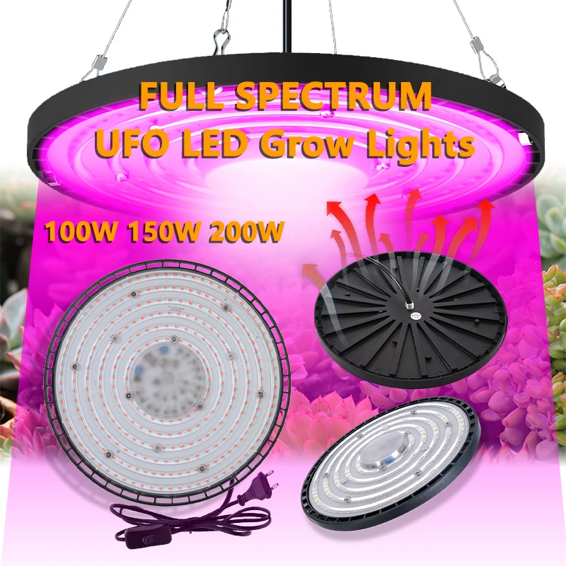 LED GROW LIGHT UFO Full Spectrum Pink/Sunshine/100 W 150 200 W/AC165 ~ 265V/Hliníkový puzdro/IP65 Vodotesná/hydroponická výplňová lampa rastlín