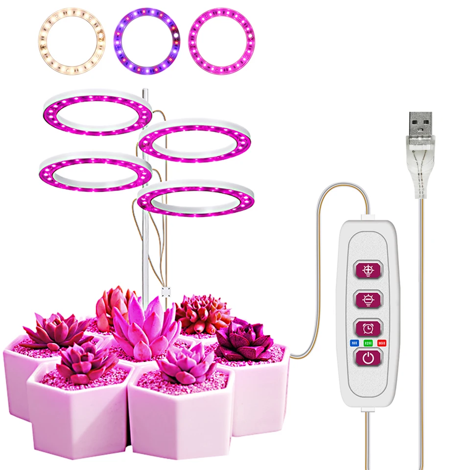 LED GROW Lights Full Spectrum Plant Lamp s 20 LED diódami 8 H/12H/16H Časovač 5 Stlmiteľné úrovne Výška nastaviteľná nastaviteľná USB anjel prsteň