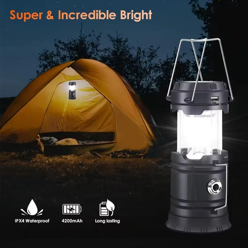 LED kempingová lampa solárna vonkajšia lampa USB USB, USB, je možné nabíjať, skladateľný, núdzový svetlo zavesenie svetla