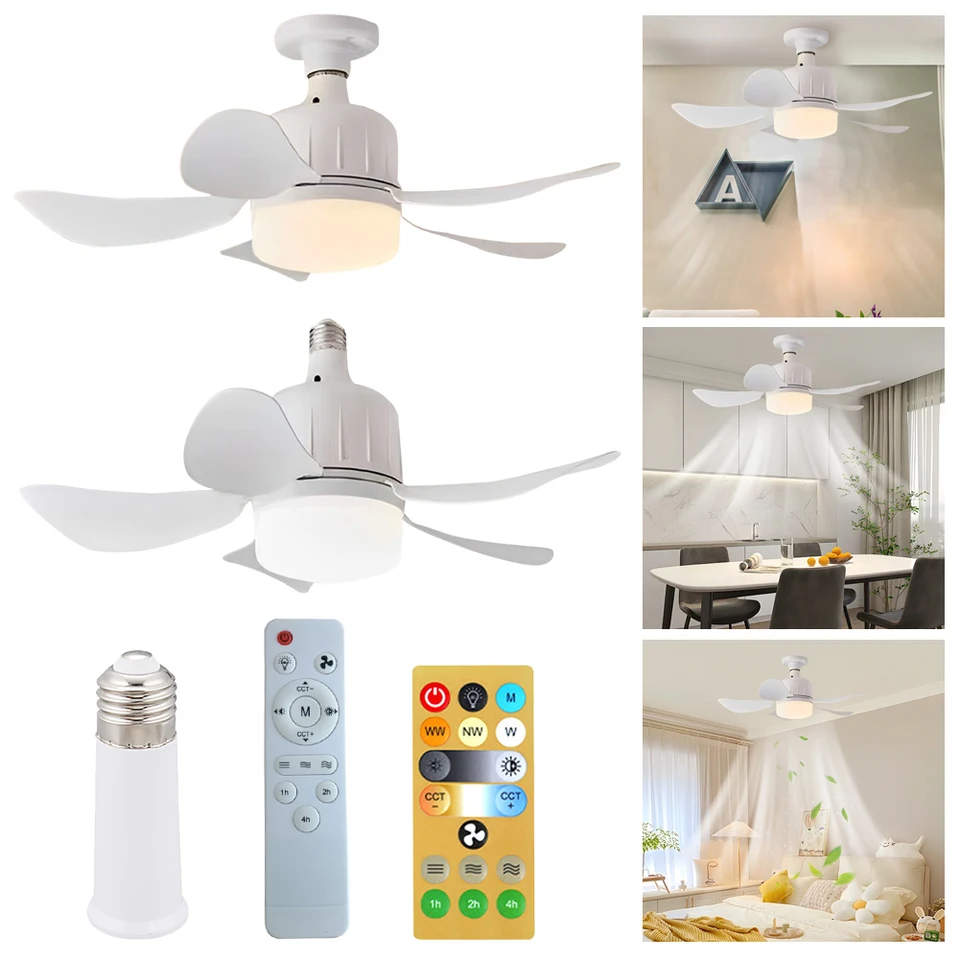 LED mini stropný ventilátor E27 Základňa 3 farby Stlmiteľné stropné ventilátor Lampa 3 Rýchlosti vnútorný stropný ventilátor Svetlo 17,7 palca pre kuchynskú spálňu
