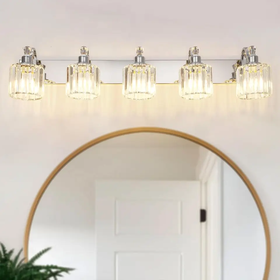 LED moderná krištáľová kúpeľňa Vanity svetlá na zrkadle, chrómované kúpeľňové svietidlá na stenu (5-svetlo)