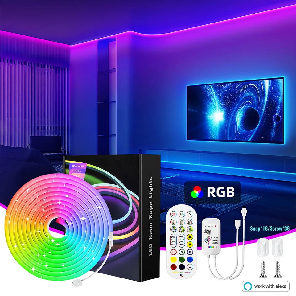 LED Neon Strip Light, 3/5 m inteligentná LED WiFi App RGB, 16Colors, DIY Light Neploorne Flexibilné svetlé pásové práce s Alexou
