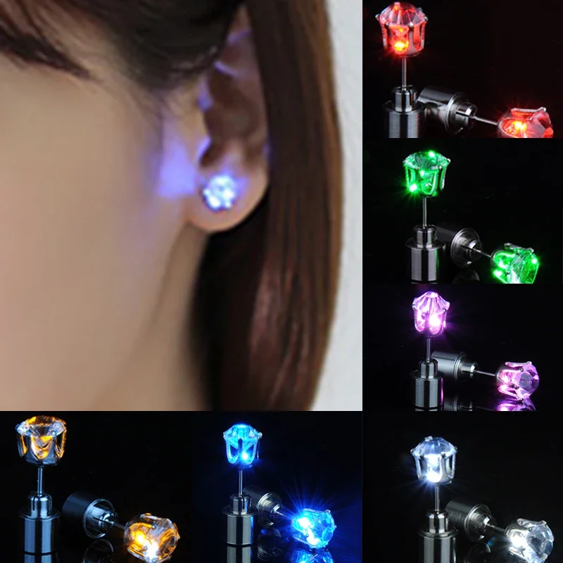 LED náušnice Žiarivé kryštály z nehrdzavejúcej uší Light Up Ear Stud vianočný večierok Luminous Neon Bar Rave Svadobné šperky darček 1pc