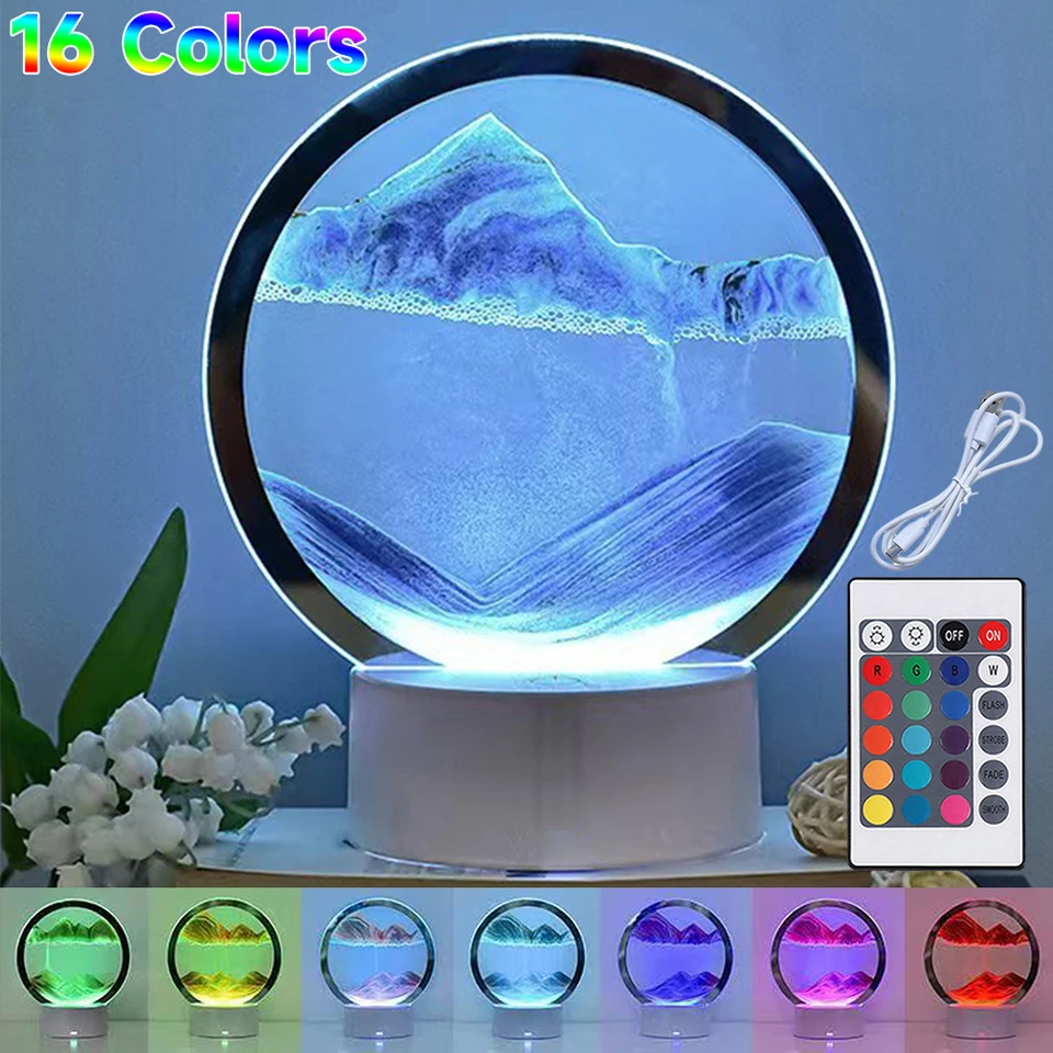 LED RGB Sandscape Lamp 3D pohybujúca sa piesok Art Ráme Nočné svetlo Domáce dekorácie 16 farieb hlboké more displej presýpacie okno s diaľkovým ovládaním