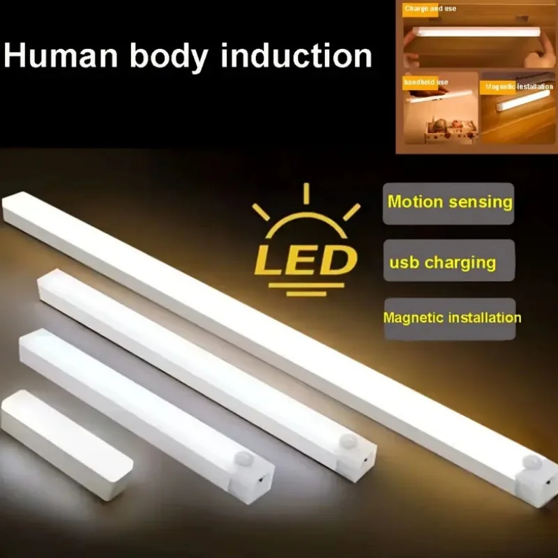 LED snímač pohybu Svetlo ľahké bezdrôtové senzorové nočné svetlo USB Nabíjateľné detektorové svetelné lampa pre osvetlenie kuchynskej skrinky