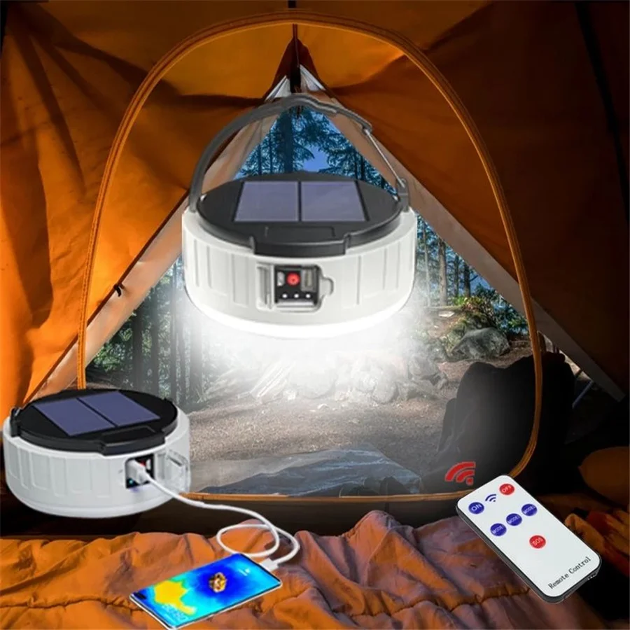 LED solárne kempingové svetlo USB nabíjanie 100 W Super svetlý vonkajší vodotesný diaľkový ovládací diaľkový ovládač Stanové svetlo Núdzové svetlá baterka