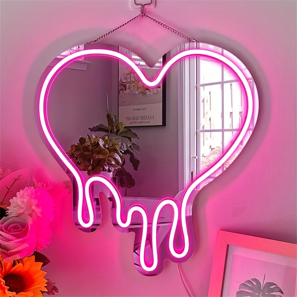 LED srdce neónové značenie Svetlo pre spálňu dievčenská izba Party Studio Shop Decor Melt Srdce s ružovým zrkadlom znak perfektný narodeninový darček