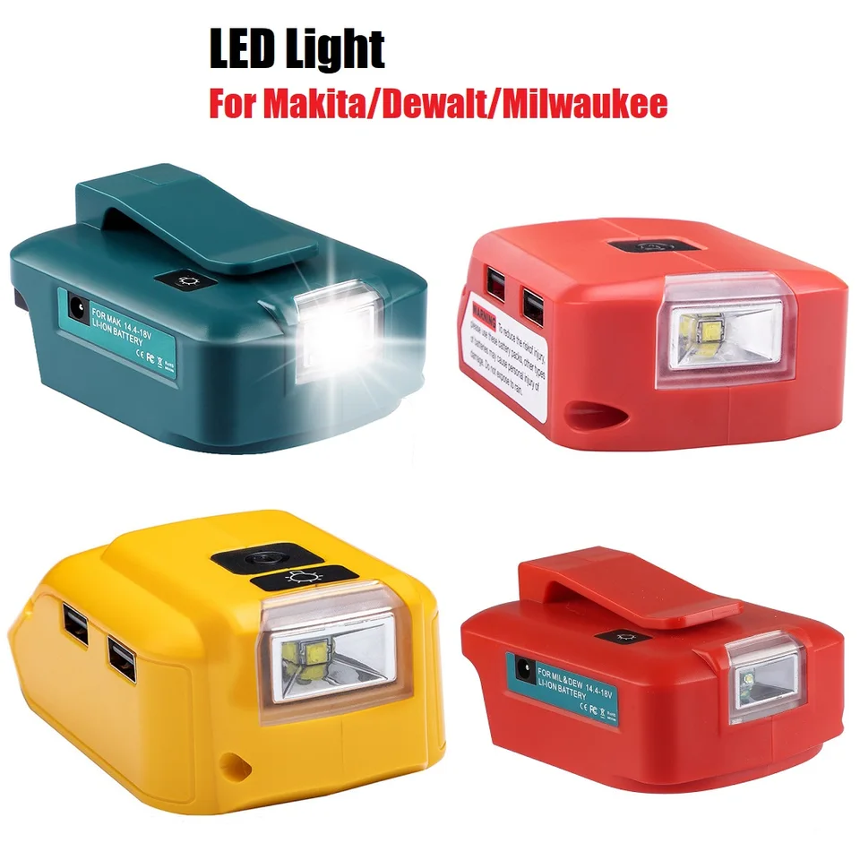 LED svetlo USB Ports Adapter nabíjačky pre Makita/Dewalt/Milwaukee/Black & Decker M18 DC 12V/2A Li-Ion Battery Pracovná lampa
