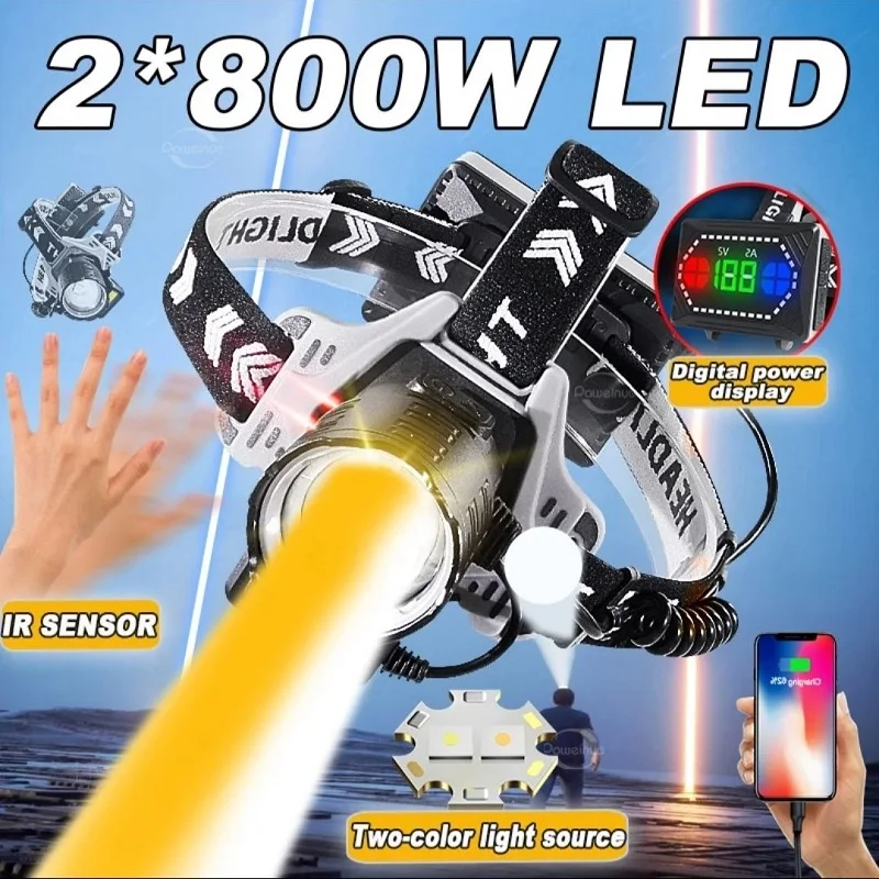 LED svetlá LED LED Nabíjateľné USB Vysokokechové svetlomet 2 biele laserové knôty hlava lampa vodotesný kempový rybársky svetlomet