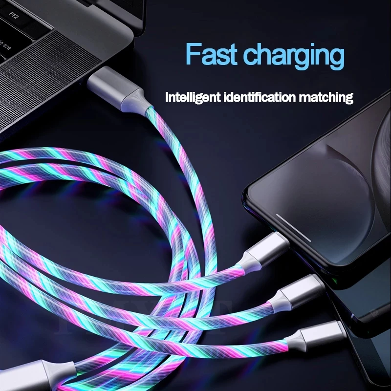 LED tečie 3 v 1 USB kábel Micro USB Typ C Svetlá nabíjačka nabíjačky 1,2 m rýchle nabíjanie pre Huawei Honor Xiaomi Redmi kábel