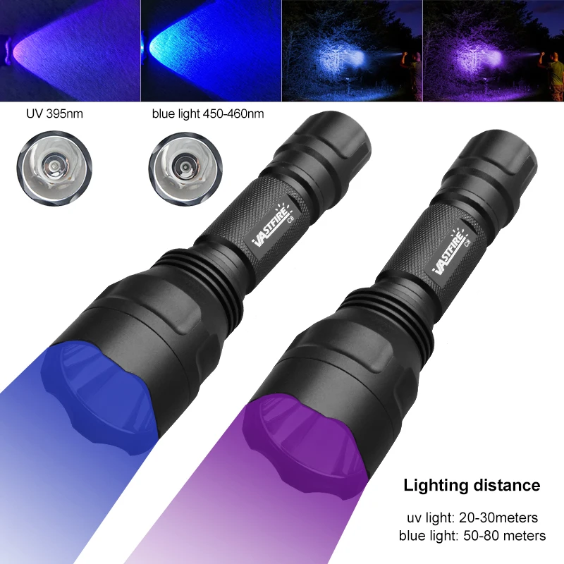 LED UV baterka s dlhým dosahom ultra fialového UV 395nm modré svetlo Tactical Torch Outdoor Hunting Pet Močaričky detektor Scorpion